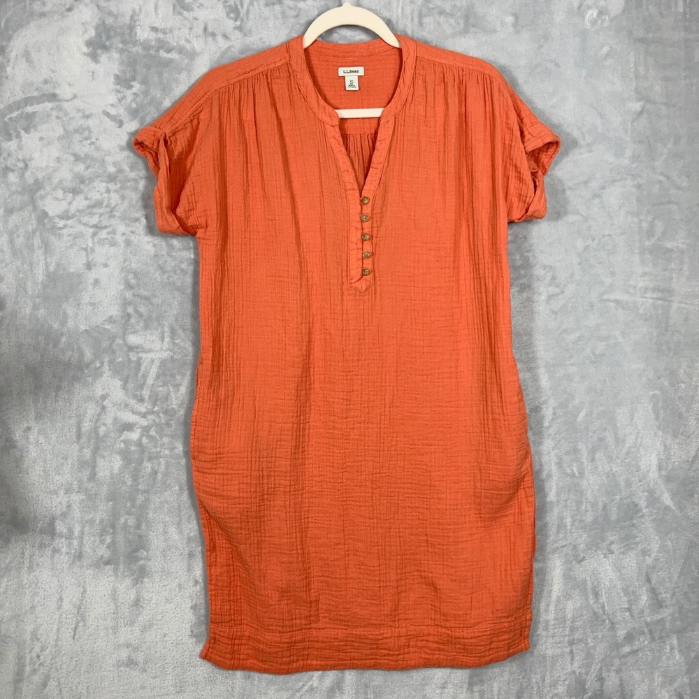 LL Bean Womens Mini Dress XS Orange Cotton Gauze Short Sleeve Pockets Coastal